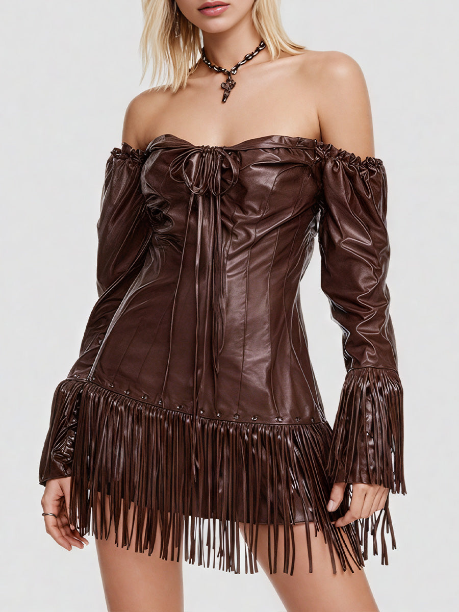 Ursiime Party Brown Off The Shoulder Long Sleeve Strappy Casual PU Leather Mini Dresses