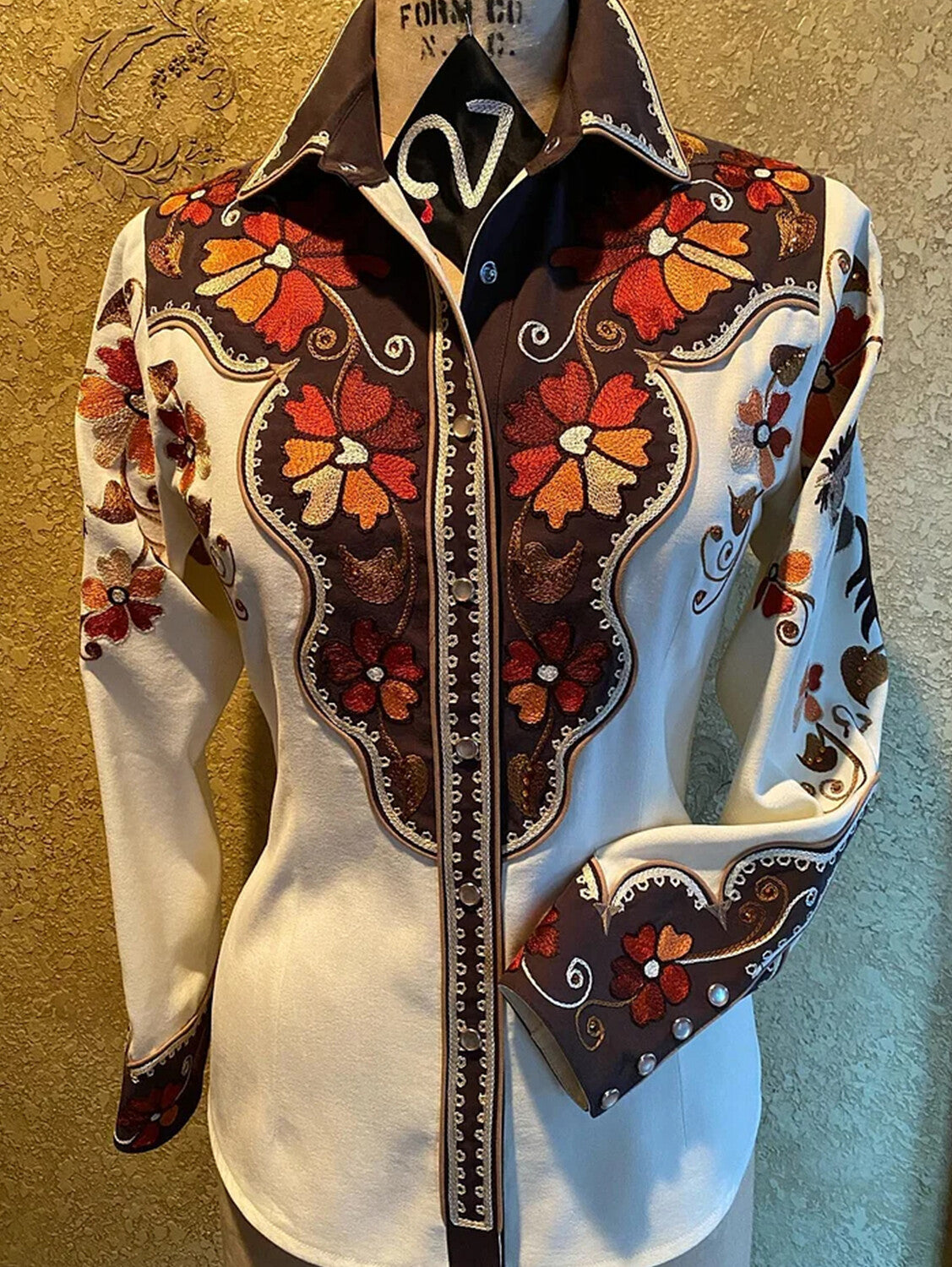 Western Floral Plant Print Lapel Collar Button Blouse
