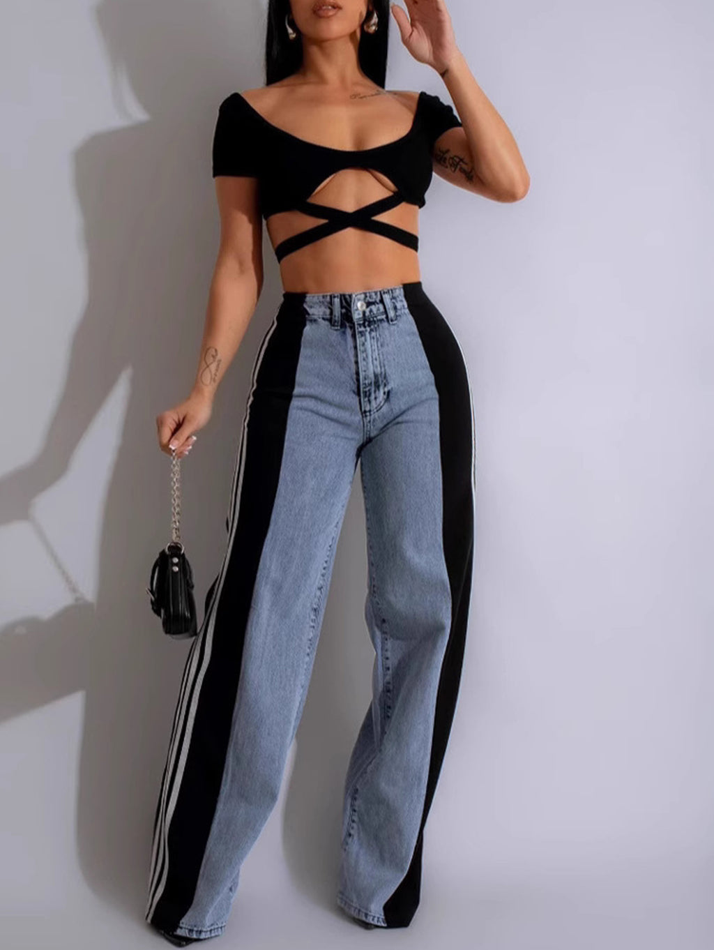 Fashion Stripe Patchwork High Rise Straight Leg Denim Jeans