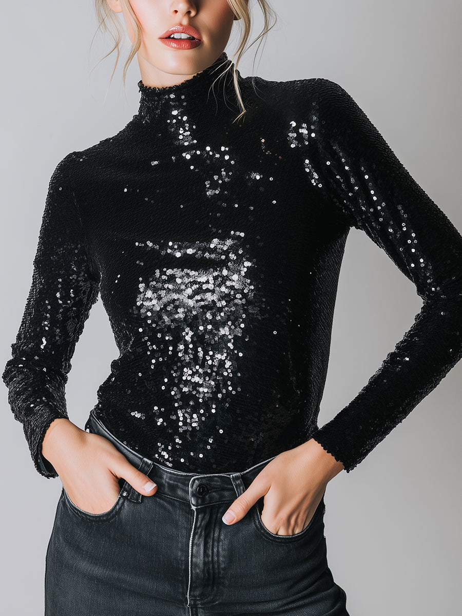 Ursiime Daily Black High Collar Long Sleeve Casual Sequin Blouses