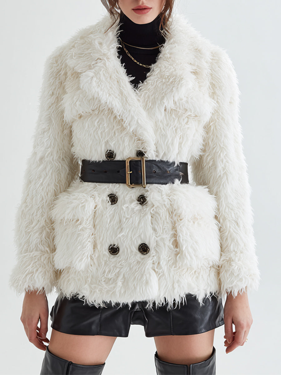 Ursiime Business Casual White Lapel Collar Long Sleeve Cargo Casual Faux Fur Jacket