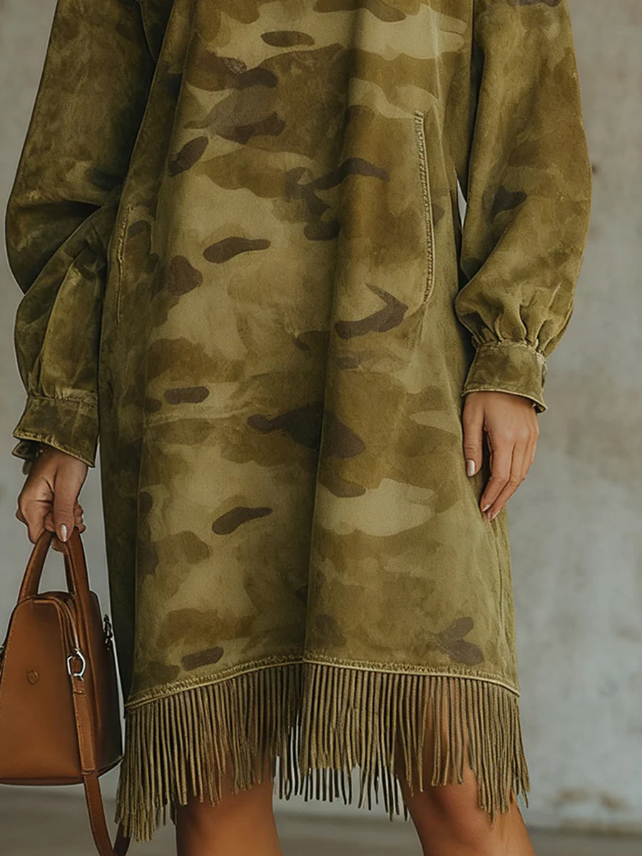 Ursiime Daily Army Green Camo High Collar Lantern Sleeve Long Sleeve Strappy Casual Pocket Midi Dresses [Pre-Order]
