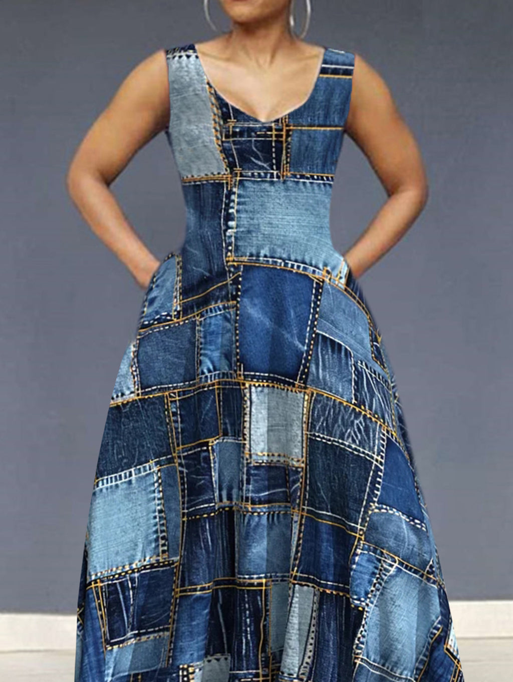 Ursiime Denim Allover Pattern V Neck Sleeveless Maxi Dress