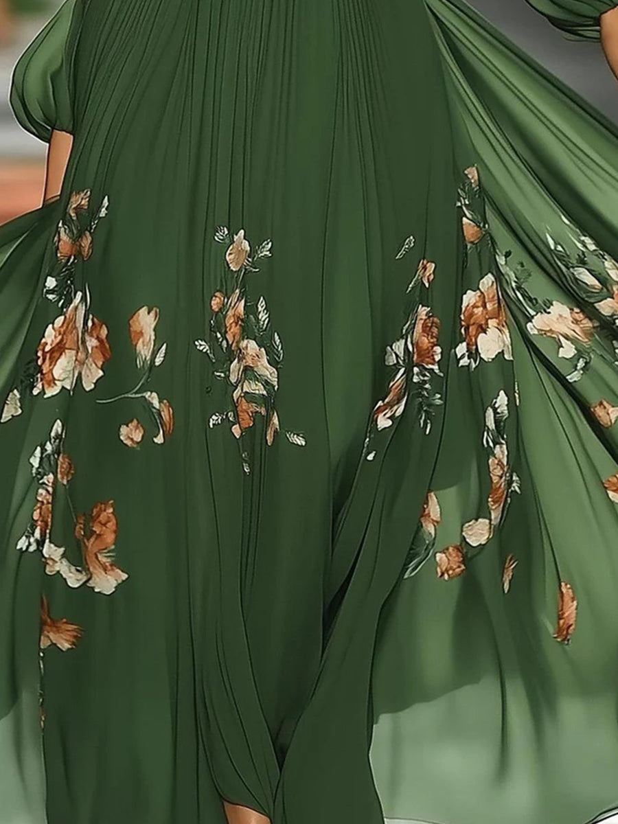 Elegant Dark Green Off Shoulder Lantern Sleeve Floral Print Maxi Dress