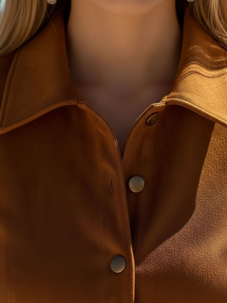 Ursiime Daily Brown Turndown Collar Long Sleeve Strappy Vintage Pocket Chamois Midi Dresses