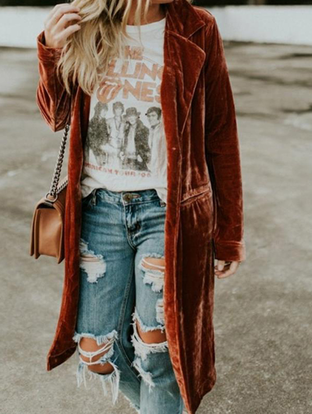 Fashion Notched Lapel Long Sleeve Velvet Trench Coat