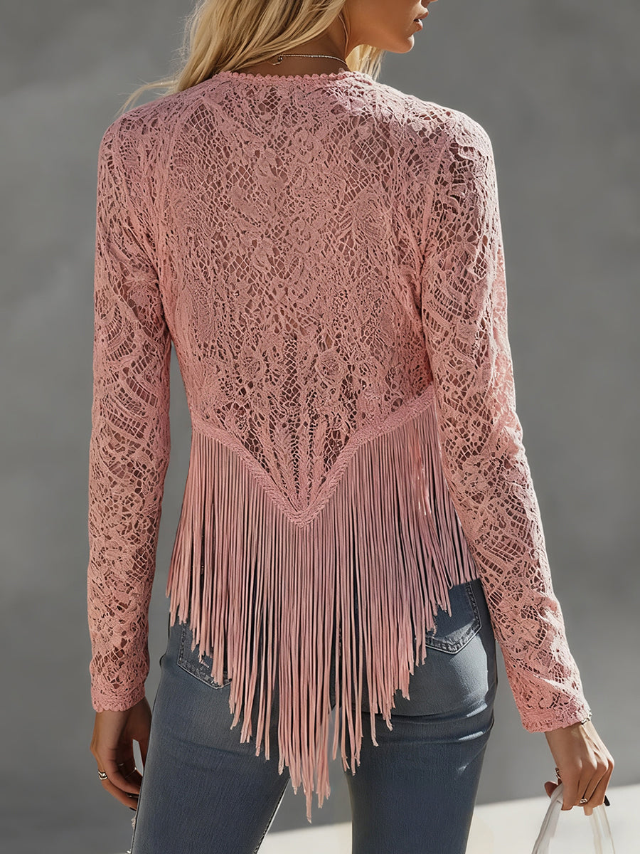 Ursiime Casual Pink Lace See Through Deep V Neck Long Sleeve Irregular Fringe Hem Blouse