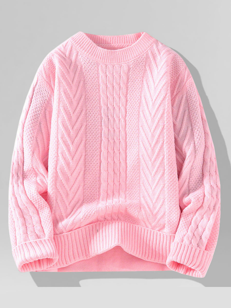 Casual White Oversized Cable Knit Crew Neck Long Sleeve Sweater