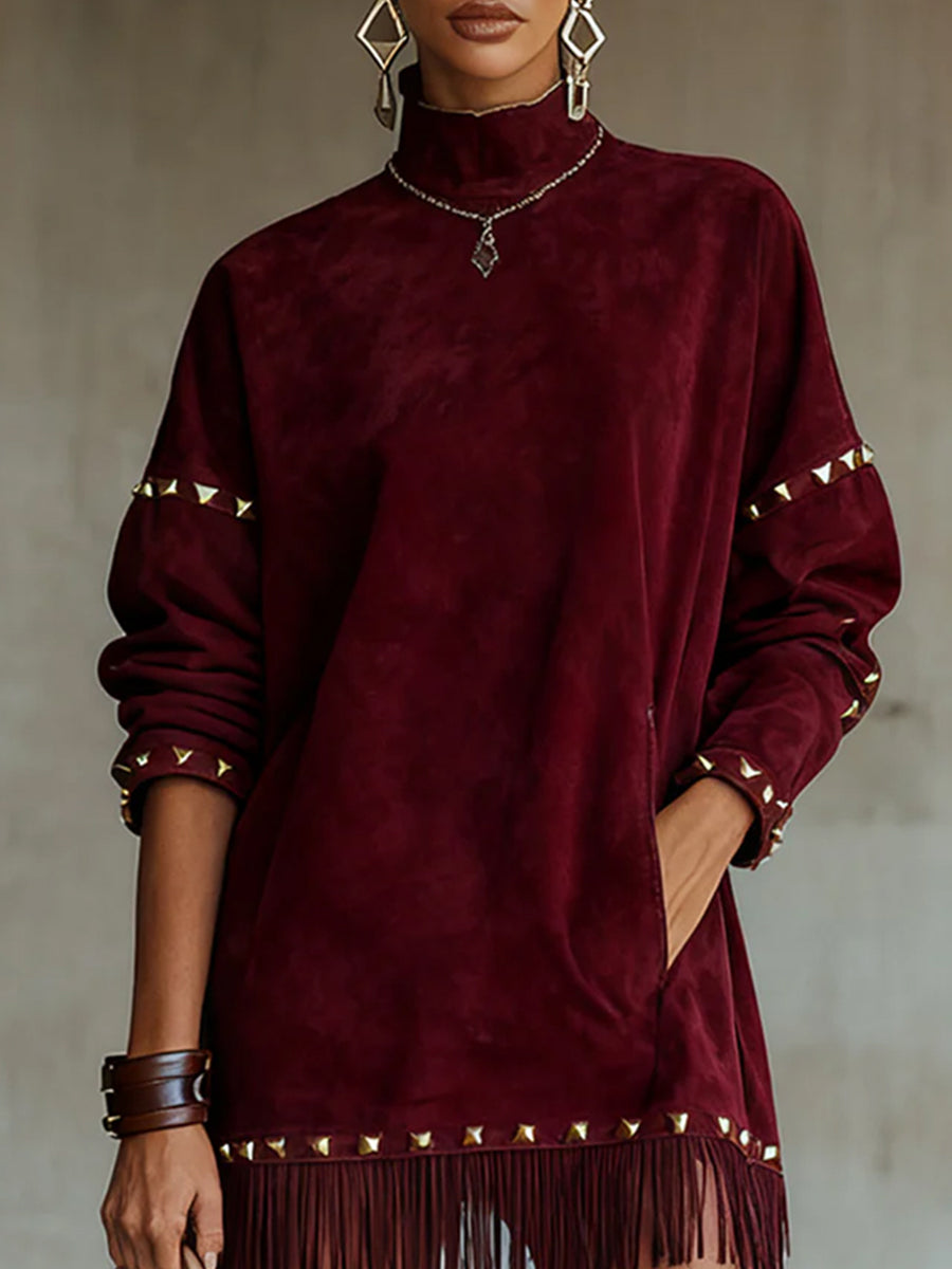 Ursiime Festival Burgundy High Collar Long Sleeve Studded Western Pocket Chamois Mini Dresses