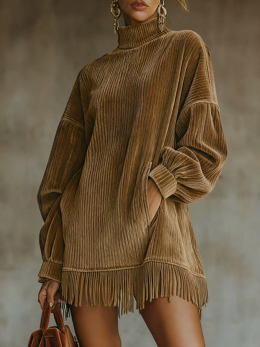 Ursiime Daily Brown High Collar Lantern Sleeve Long Sleeve Strappy Vintage Pocket Corduroy Mini Dresses [Pre-Order]