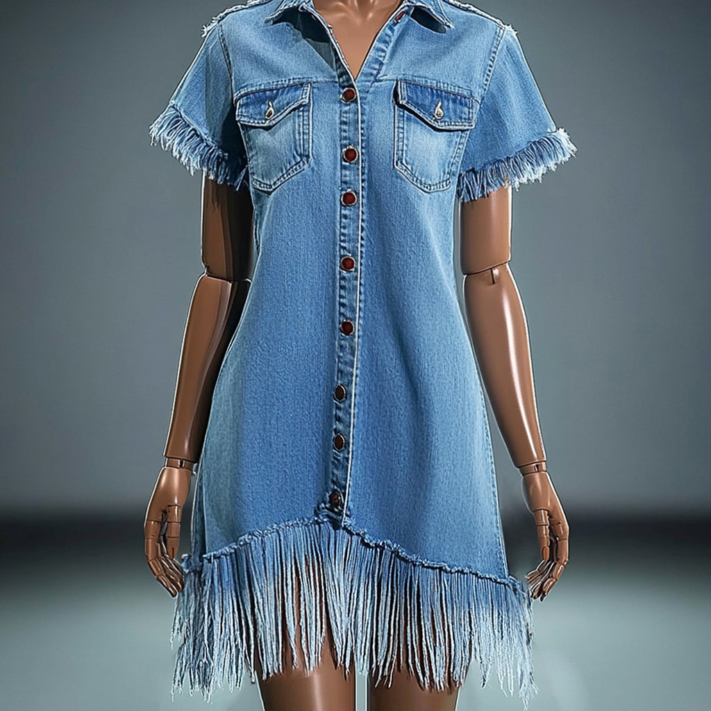 Ursiime Denim Raw Edge Fringed Turndown Collar Button Mini Dress
