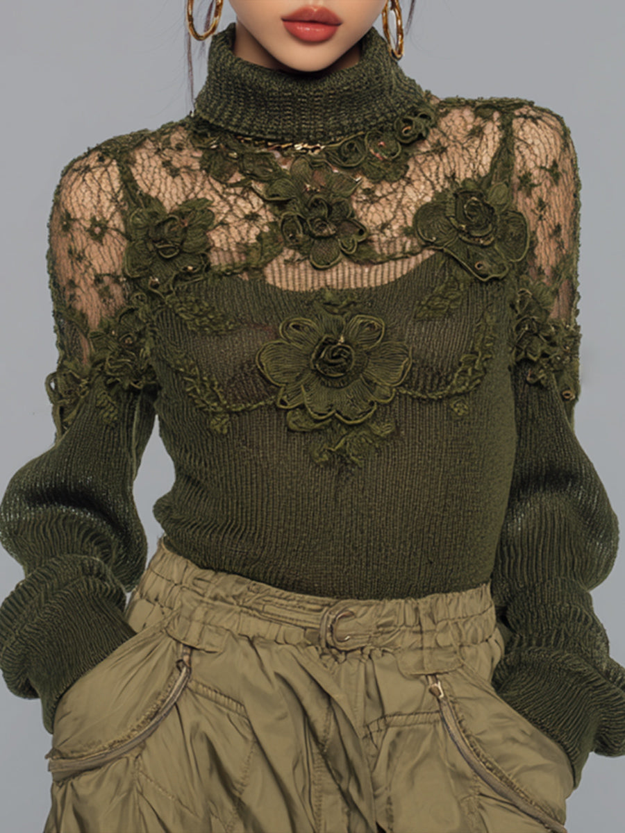 Ursiime Daily Lace Army Green High Collar Long Sleeve See Through Casual Contrast Rib Knit Sweaters [Pre-Order]