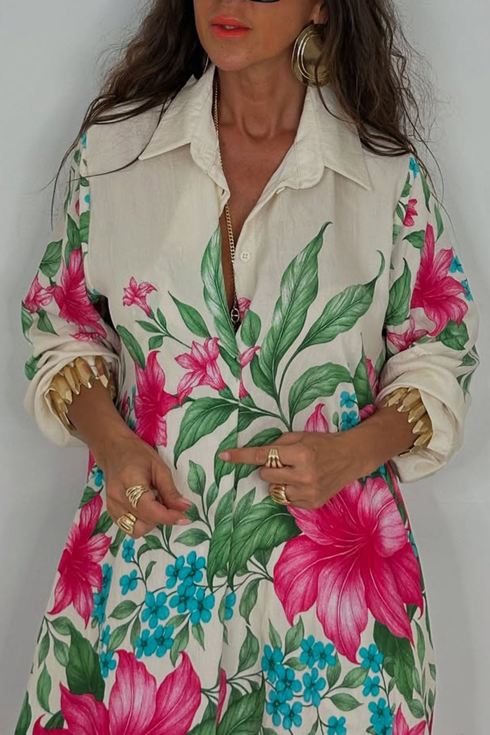 Ursiime Design Business Casual White Tropical Print Long Sleeve Pocket Casual Wide Leg Two Piece Pant Sets [Pre-Order]