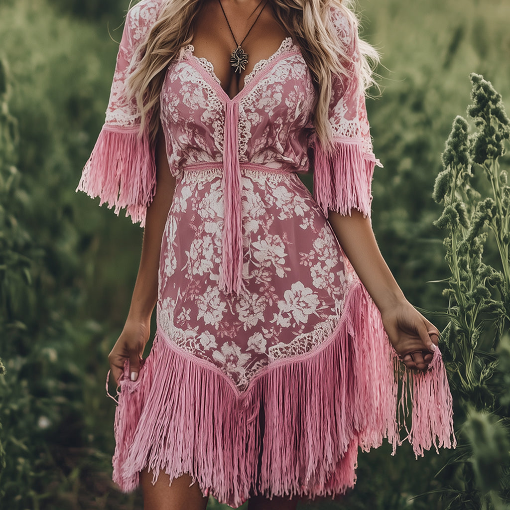 Ursiime Floral Pattern V Neck Lace Trim Fringe Mini Dress