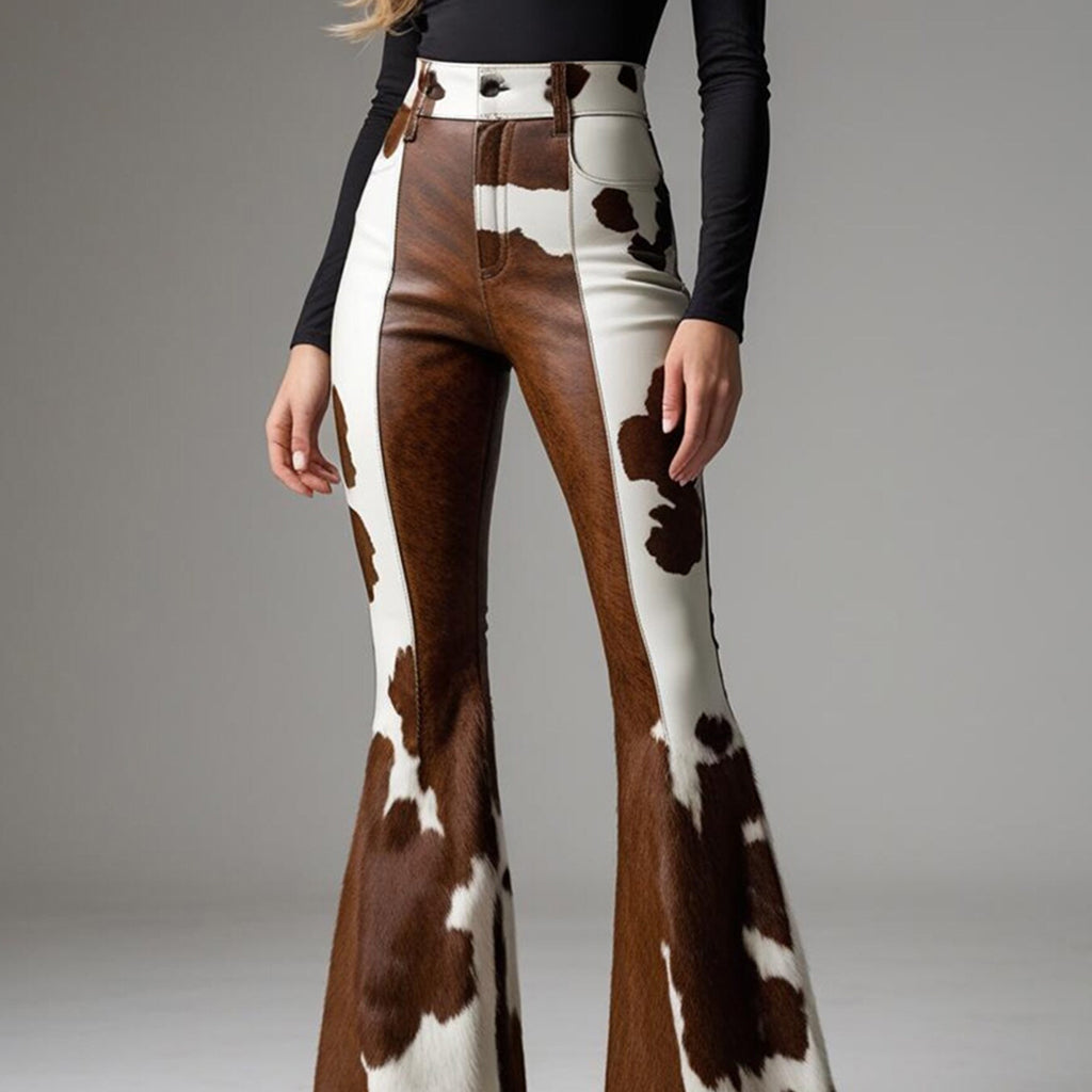 Western Cow Pattern High Rise Bell Bottom Pants