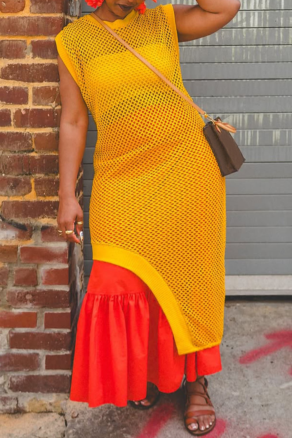 Ursiime Design Daily Yellow Round Neck Asymmetric Hem Casual Cut Out Tops [Pre-Order]