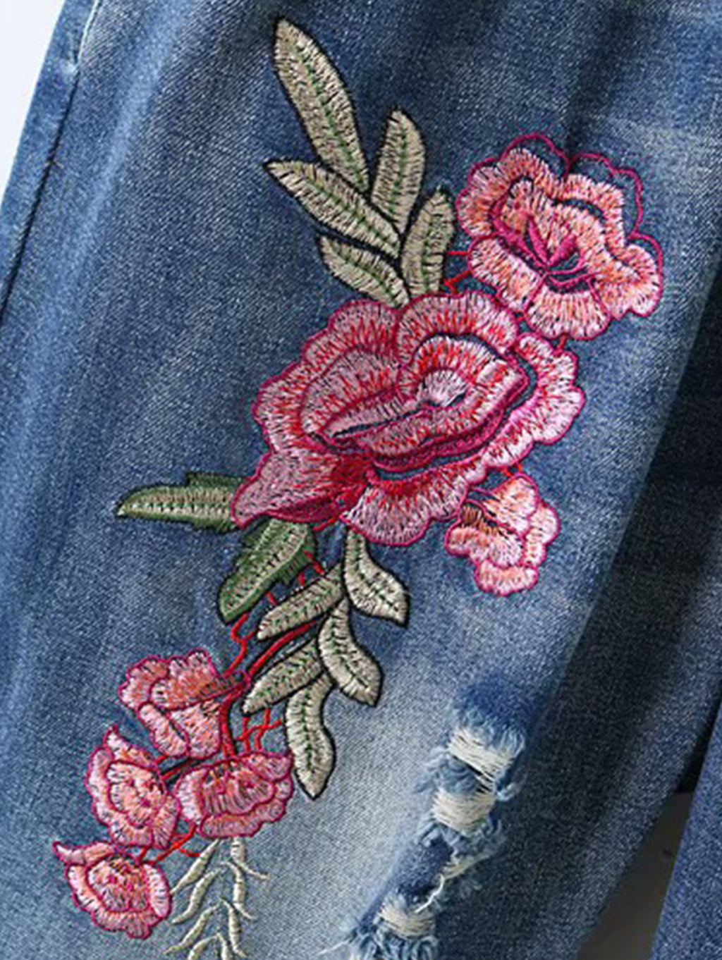 Denim Floral Embroidery Drawstring Pocket Ripped Jeans