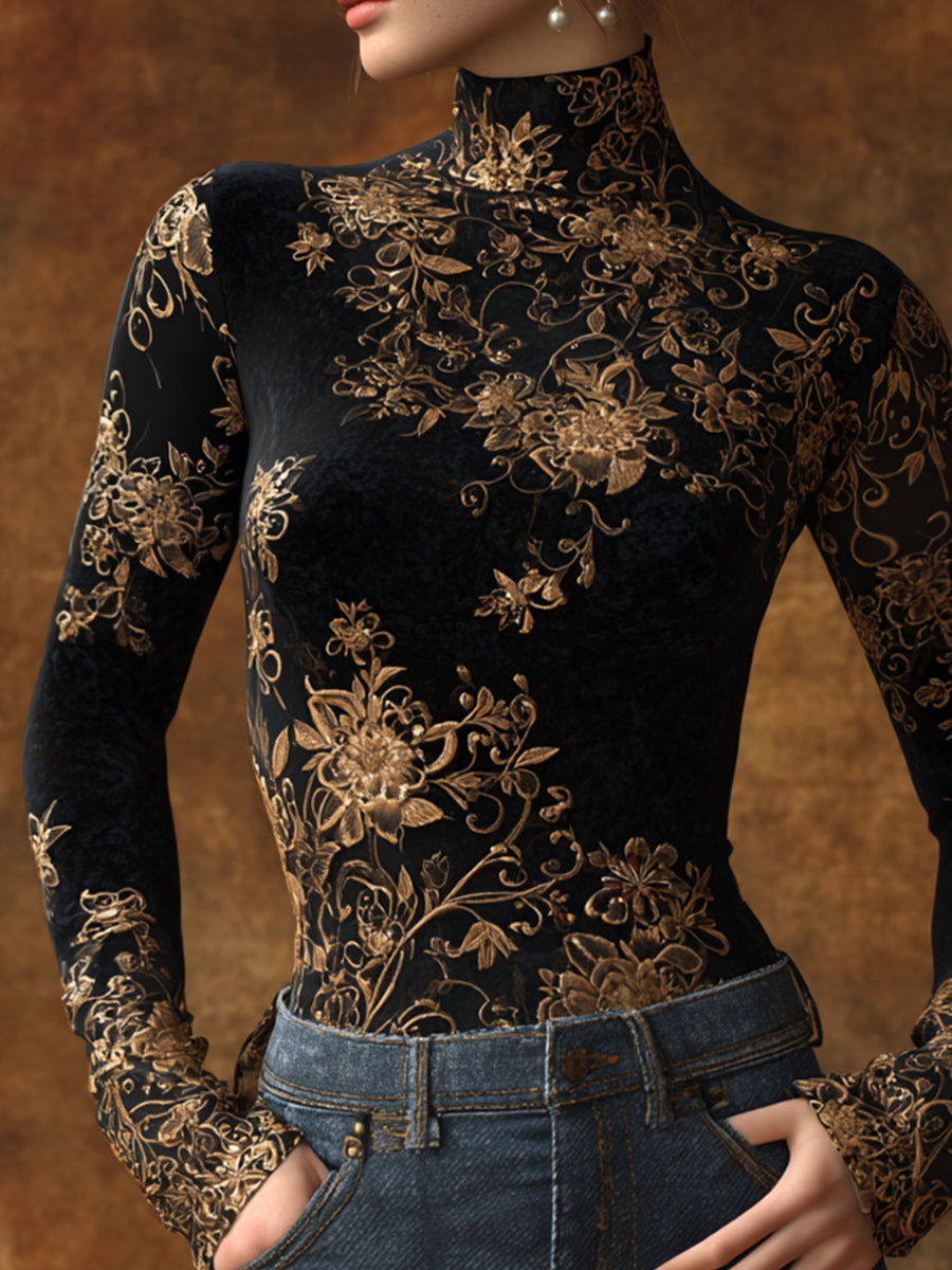 Ursime Black Floral Print High Neck Long Sleeve Top