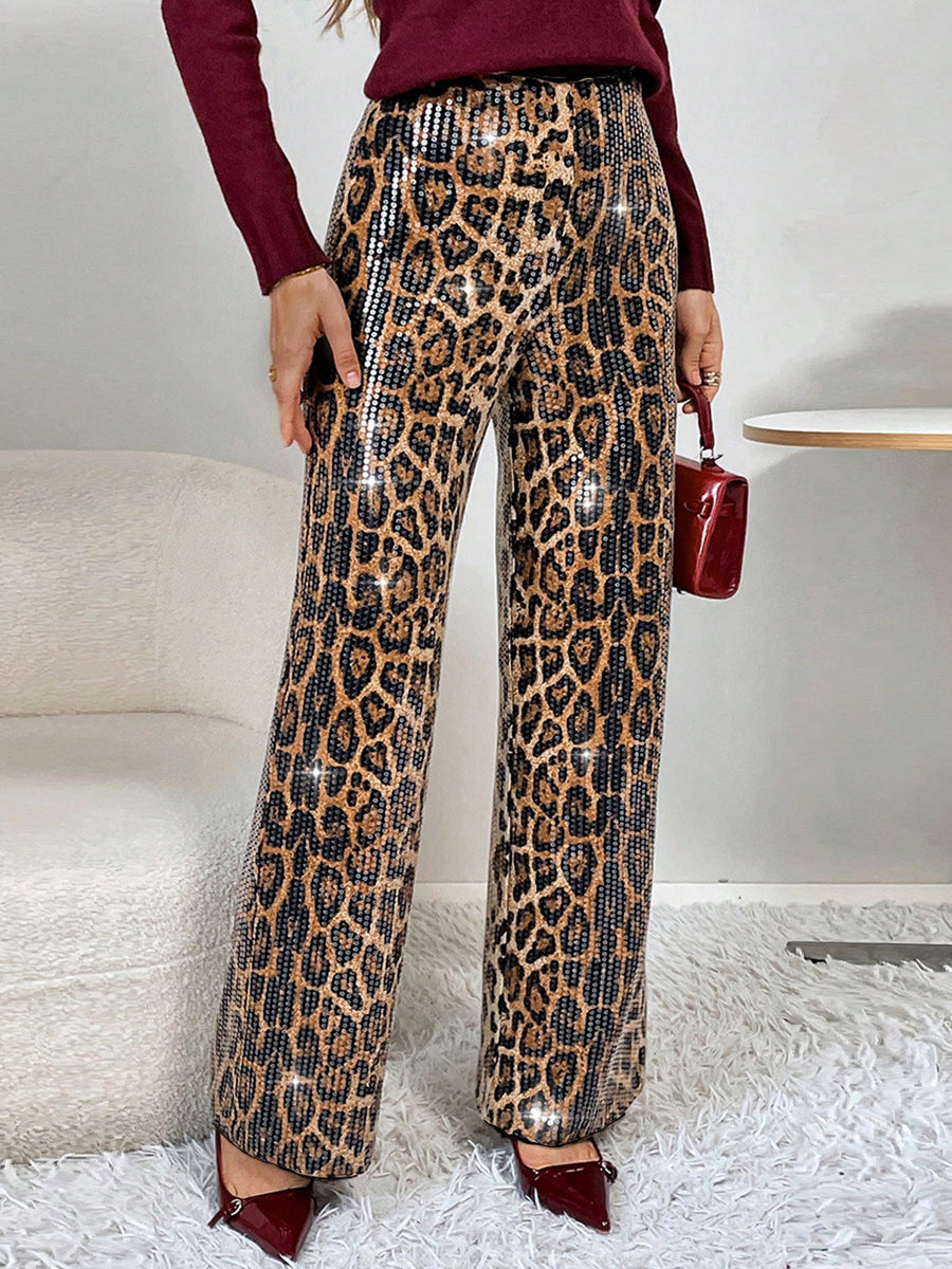 Party Metallic Brown Leopard Sequin Elegant Sequin Pants