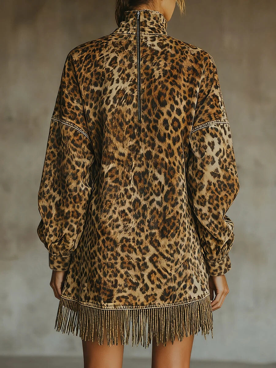 Ursiime Party Khaki Leopard Print High Neck Lantern Sleeve Pocket Fringe Hem Mini Dress