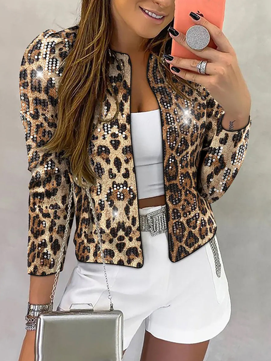 Fashion Leopard Print Sequin Long Sleeve Cropped Open Front Jacket