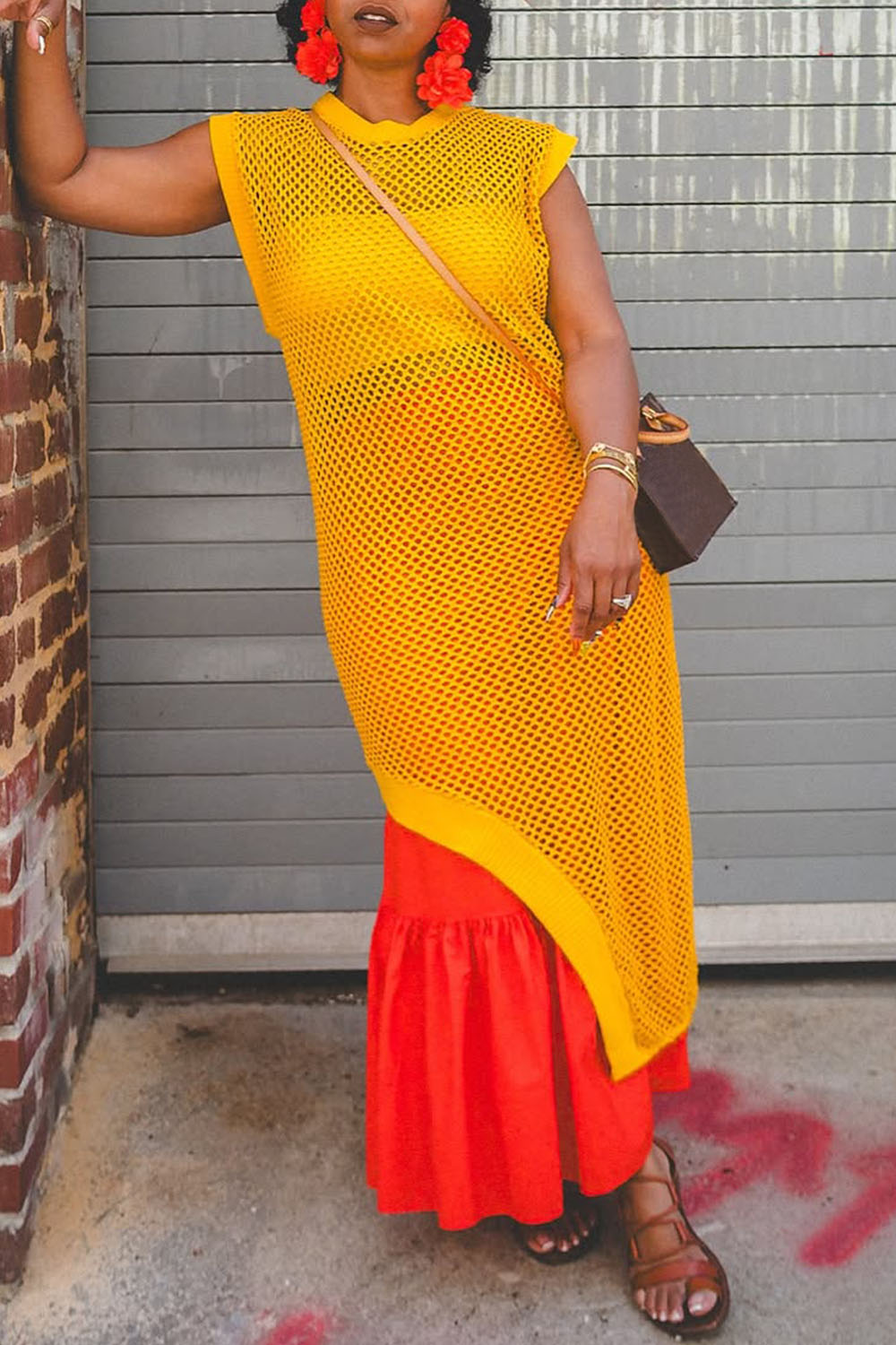 Ursiime Design Daily Yellow Round Neck Asymmetric Hem Casual Cut Out Tops [Pre-Order]