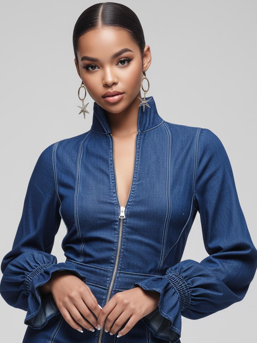 Ursiime Business Casual Blue Stand-Up Collar Flare Long Sleeve Smocking Casual Zipper Tencel Denim Jumpsuits