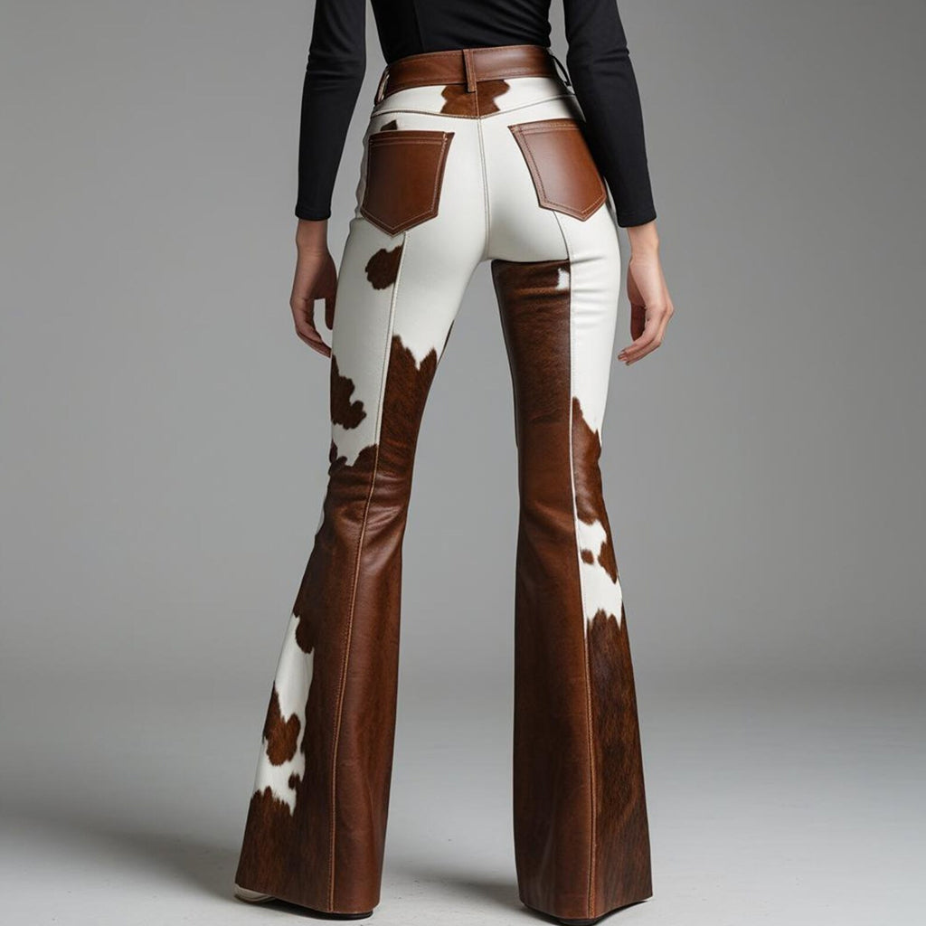 Western Cow Pattern High Rise Bell Bottom Pants