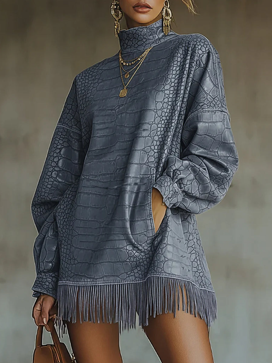 Ursiime Festival Grey High Collar Long Sleeve Strappy Vintage Pocket PU Leather Mini Dresses