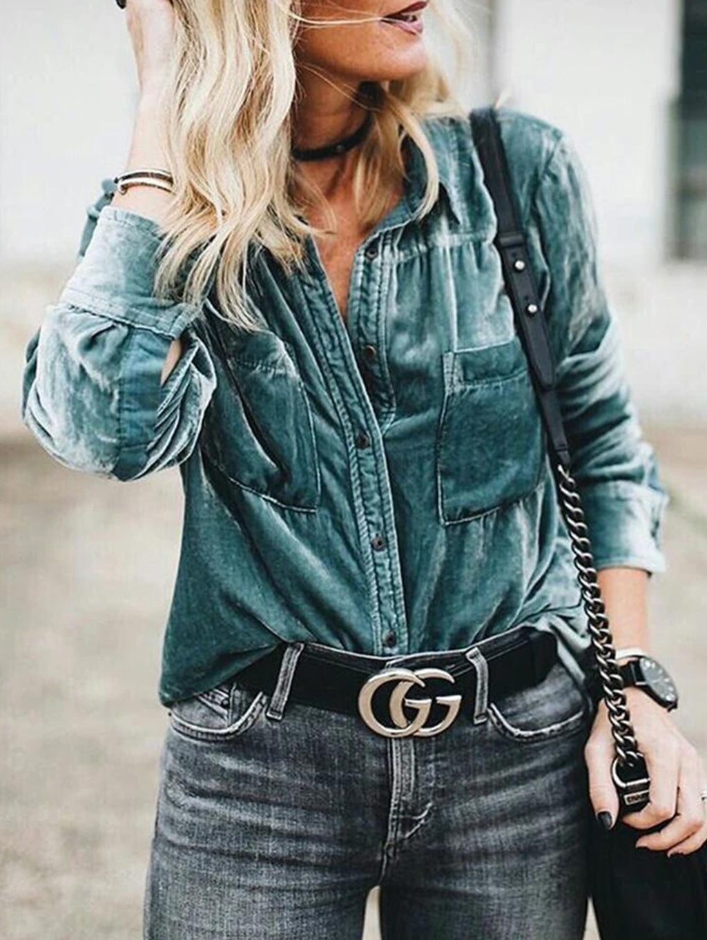 Casual Turndown Collar Pocket Button Long Sleeve Blouse