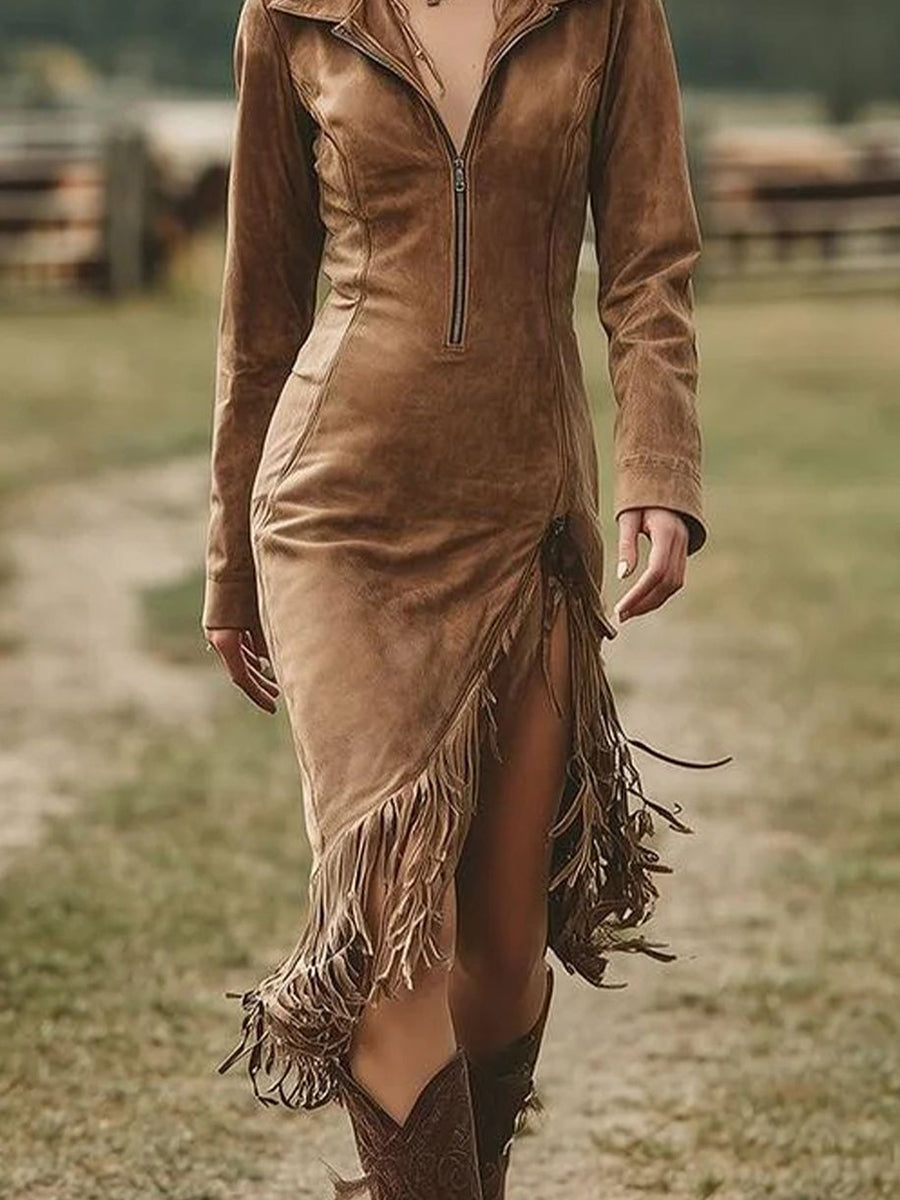 Western Dark Brown Suede Half Zip Long Sleeve Fringe Slit Hem Midi Dress