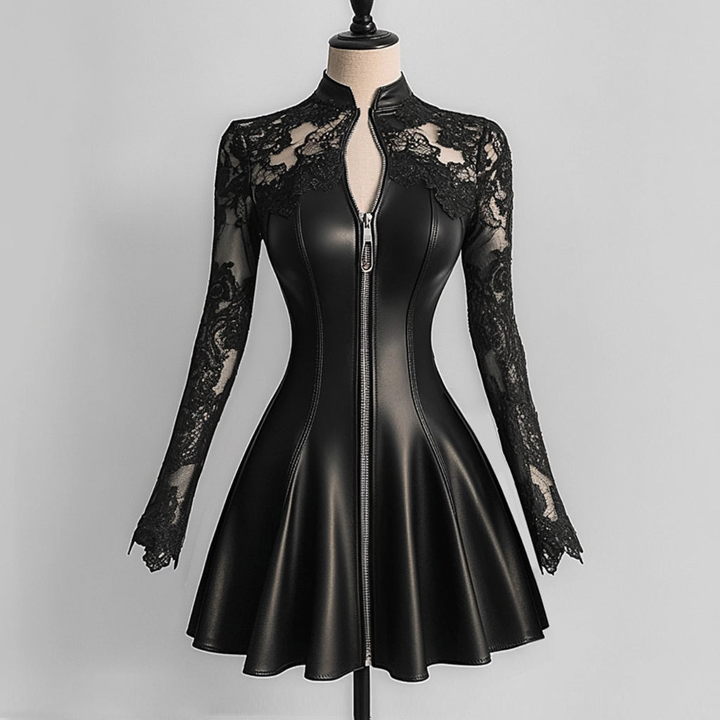 Ursiime PU Leather Lace Long Sleeve Zipper Mini Dress