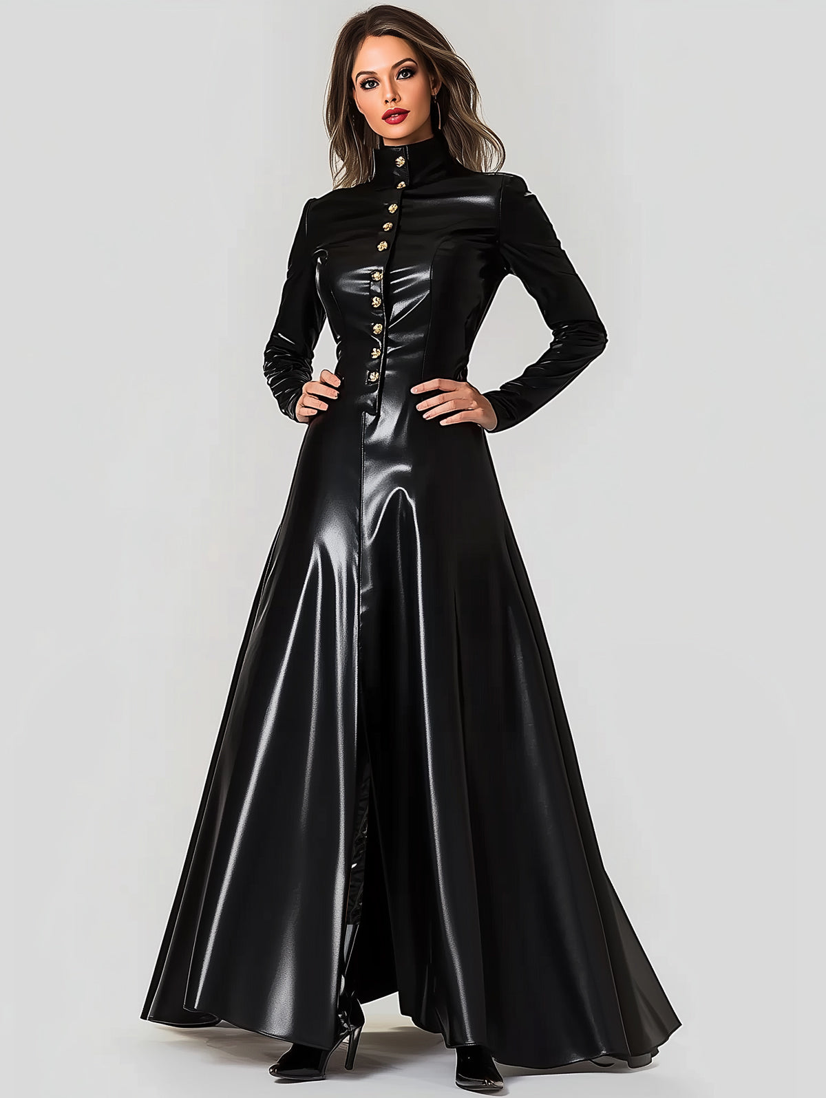Ursiime PU Leather High Neck Button Up Maxi Dress
