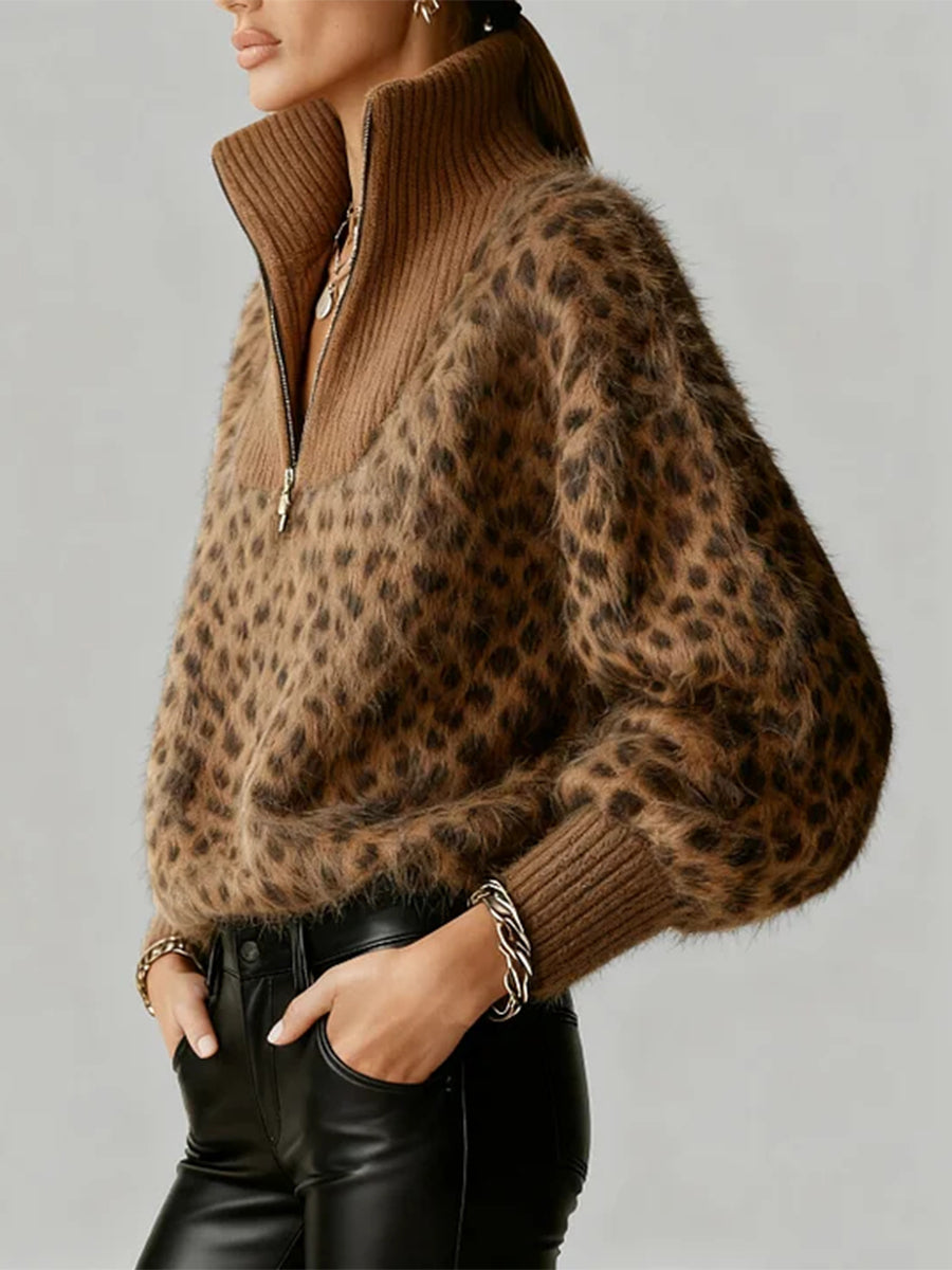 Ursiime Daily Brown Leopard High Collar Long Sleeve Zipper Vintage Sweaters [Pre-Order]