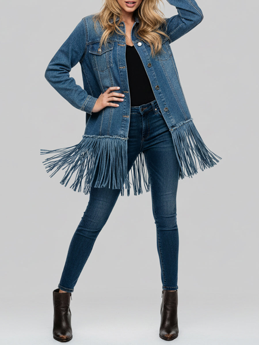 Ursiime Daily Light Blue Shirt Collar Long Sleeve Strappy Casual Denim Jacket