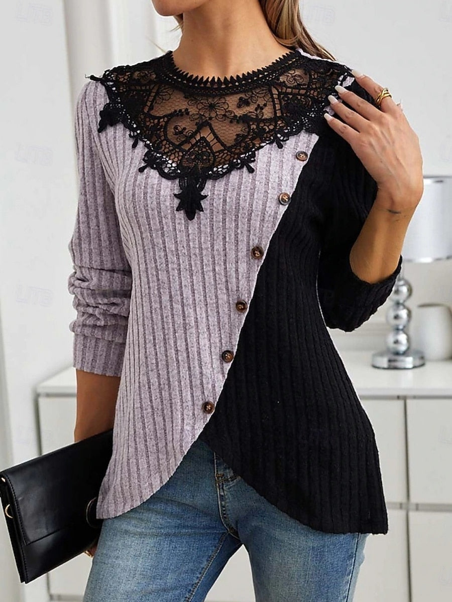 Casual Light Purple Lace Colorblock Ribbed Side Buttons Long Sleeve Blouse