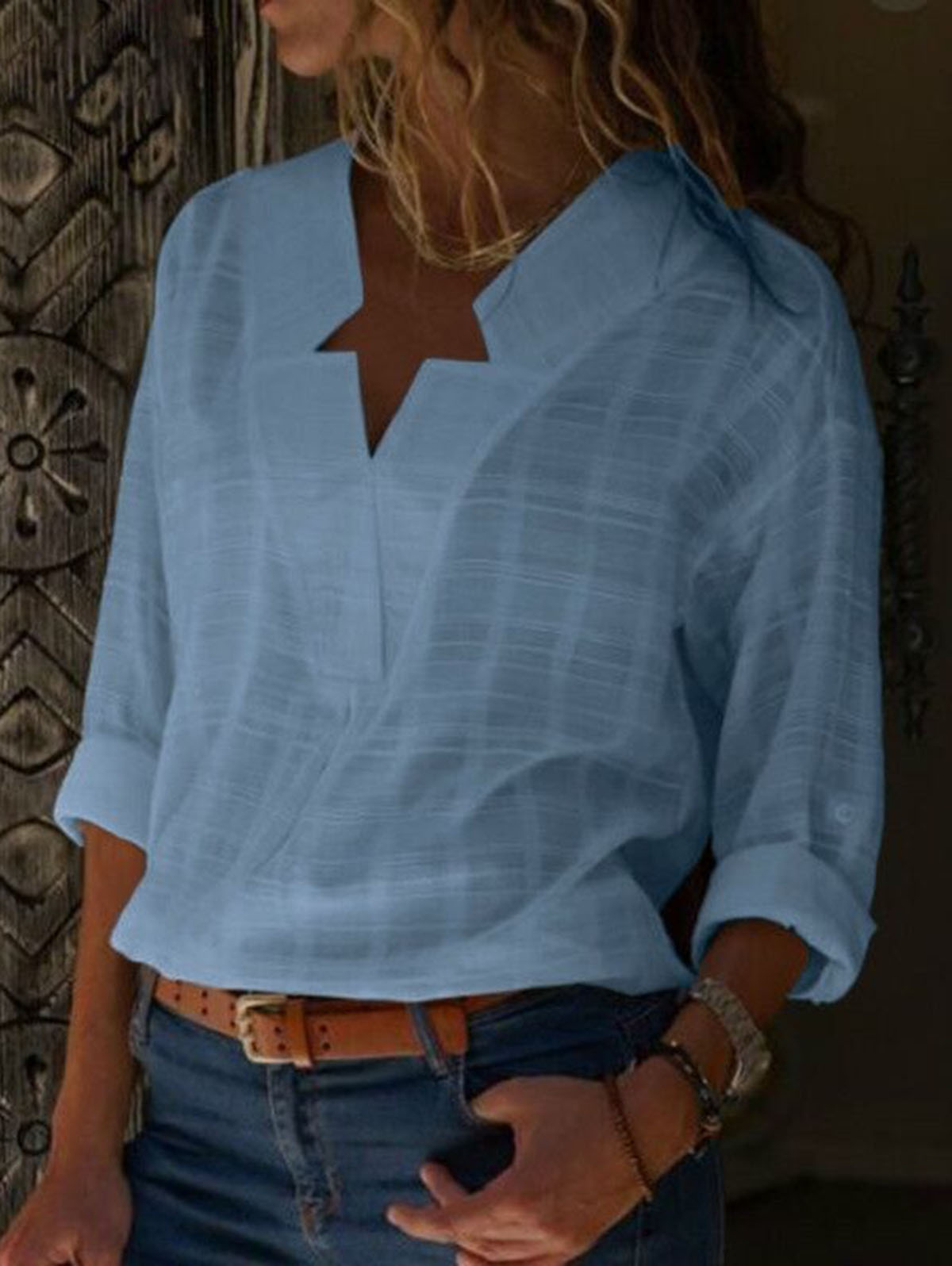 V Neck Long Sleeve Solid Color Shirts