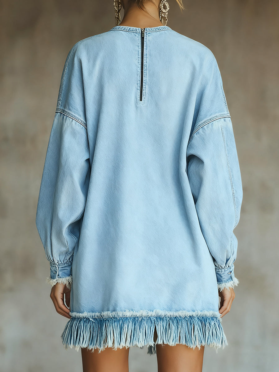 Ursiime Daily Blue Round Neck Long Sleeve Strappy Casual Trimmings Denim Mini Dresses