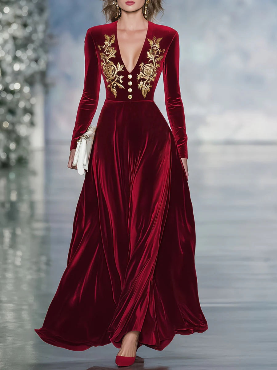 Ursiime Party Burgundy V Neck Long Sleeve Embroidery Casual Button Velvet Maxi Dresses [Pre-Order]