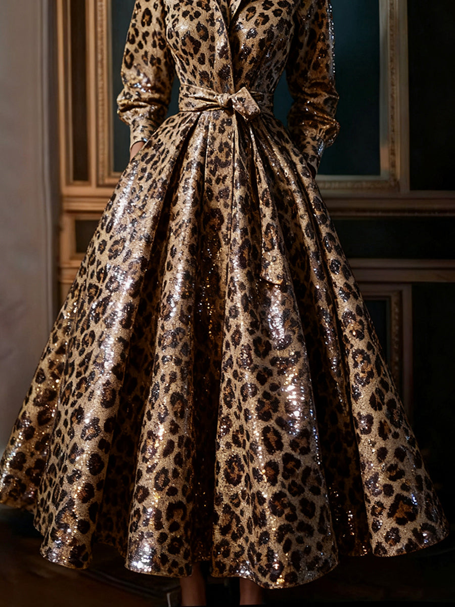 Ursiime Party Metallic Brown Leopard Stand-Up Collar Long Sleeve Pocket Casual Lace Up Sequin Maxi Dresses [Pre-Order]