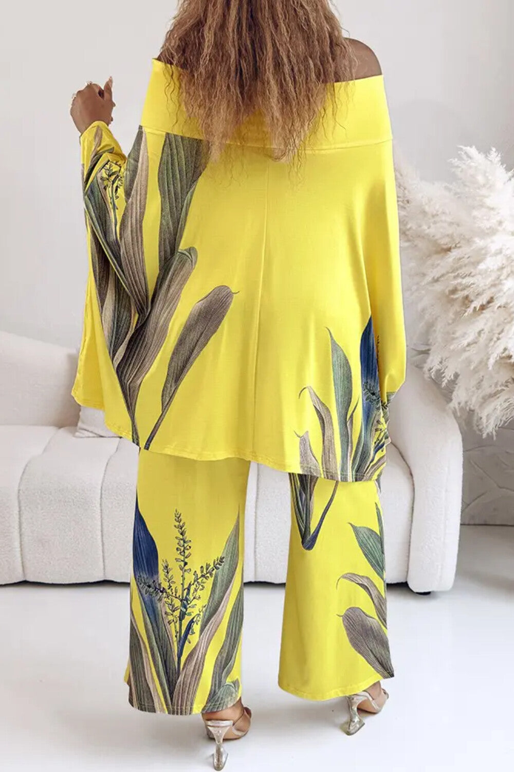 Ursiime Design Vacation Yellow Tropical Print Off The Shoulder Pocket Casual Two Piece Pant Sets [Pre-Order]