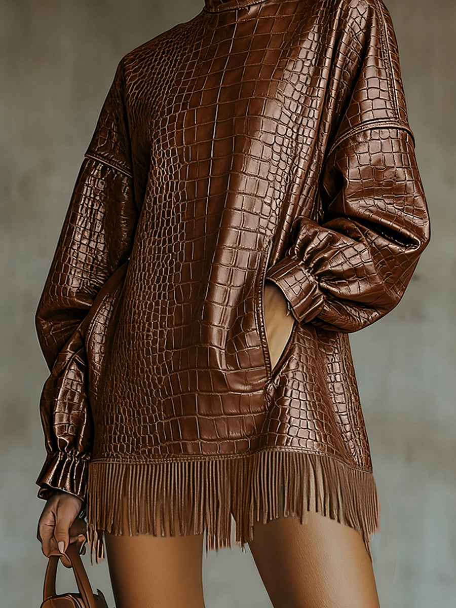 Ursime Fashion Dark Brown High Neck Lantern Sleeve Pocket Fringe Crocodile PU Leather Mini Dress
