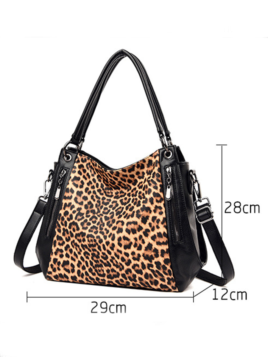 Fashion Leopard Print Large Capacity Top Handles PU Leather Shoulder Bags