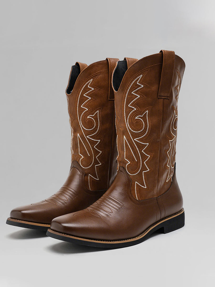 Retro Brown PU Leather Embroidered Square Toe Western Cowboy Boots
