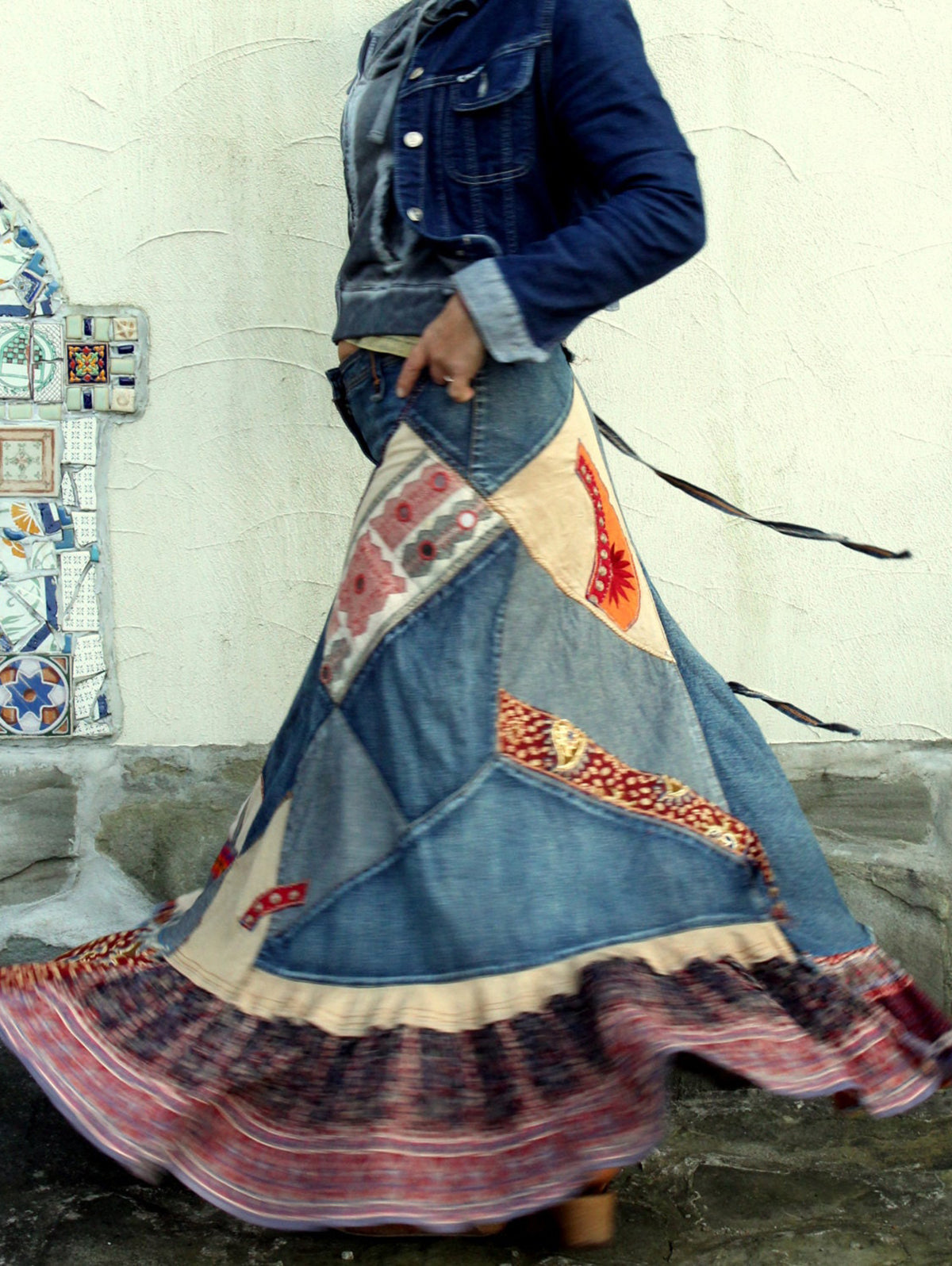 Vintage Boho Colorblock Denim Patchwork Belt Midi Skirt