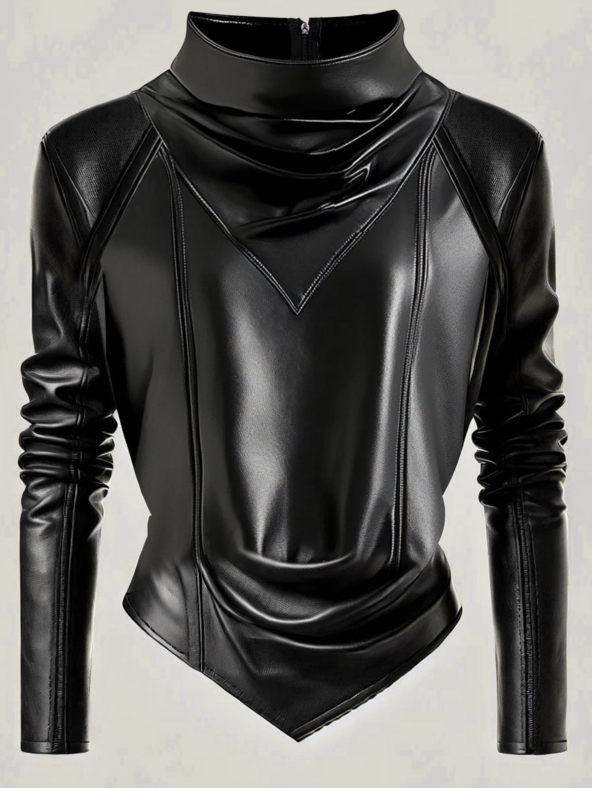 Ursiime Mock Neck Long Sleeve Back Zipper PU Leather Blouse