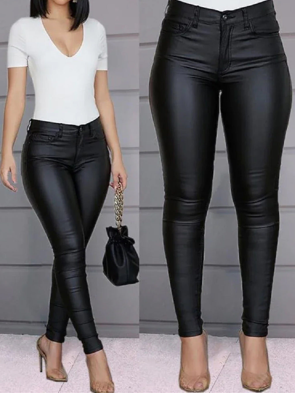 Casual Solid High Rise PU Leather Pencil Pants