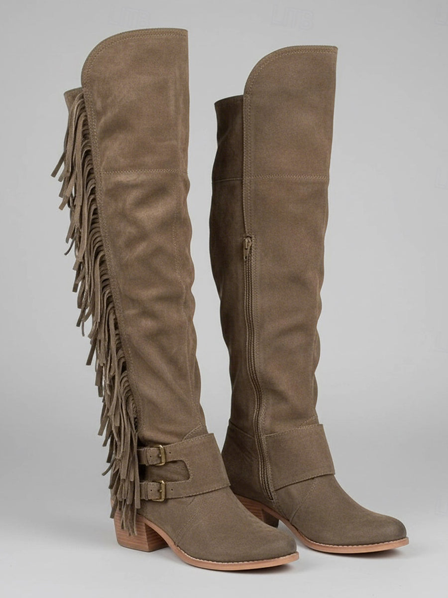 Western Brown Suede Double Buckle Straps Fringe Over-The-Knee Boots