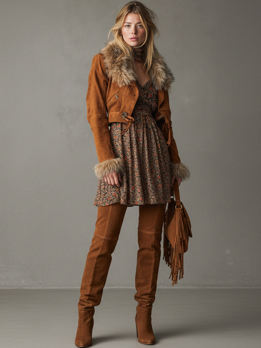 Ursiime Business Casual Brown Long Sleeve Feather Casual Short Flannelette Jacket