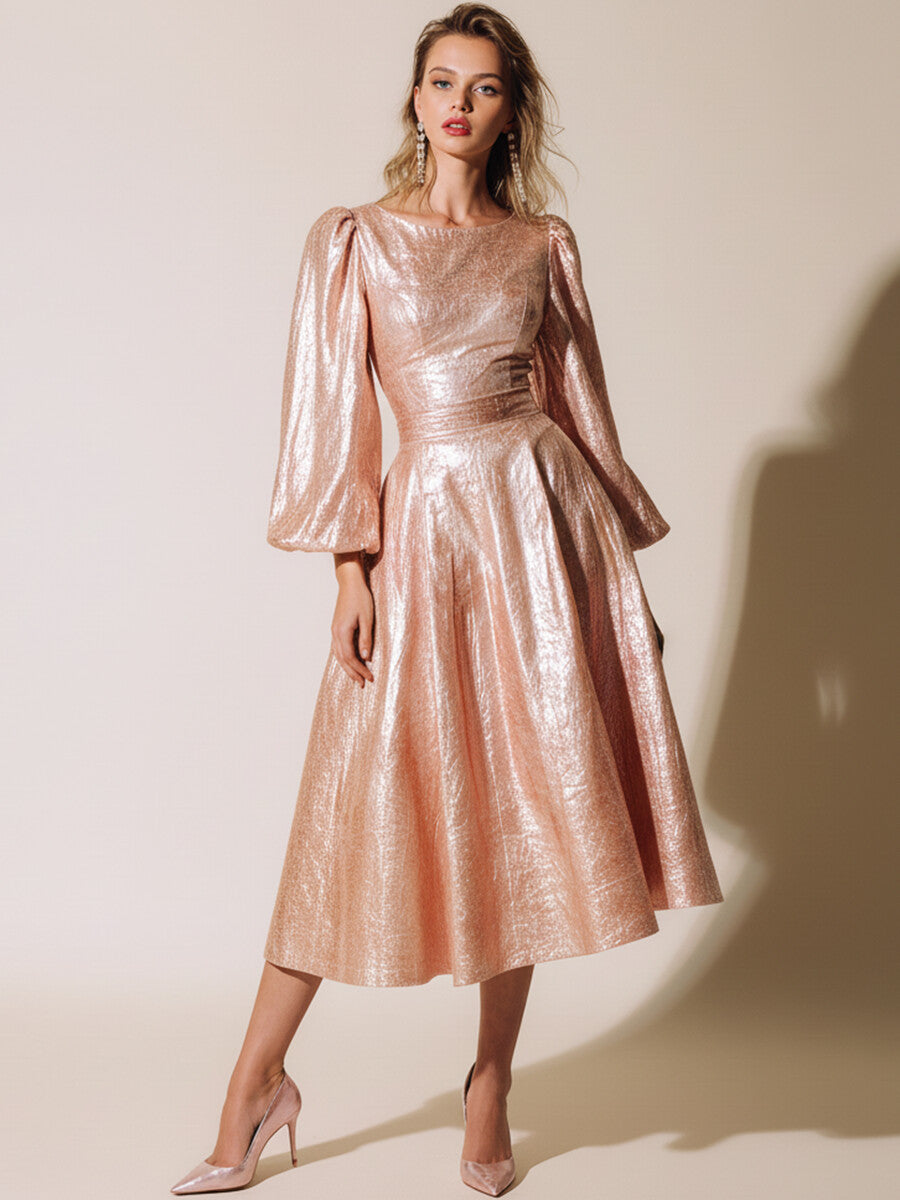 Ursiime Daily Pink Round Neck Puff Sleeve Long Sleeve Pocket Casual Metallic Midi Dresses [Pre-Order]